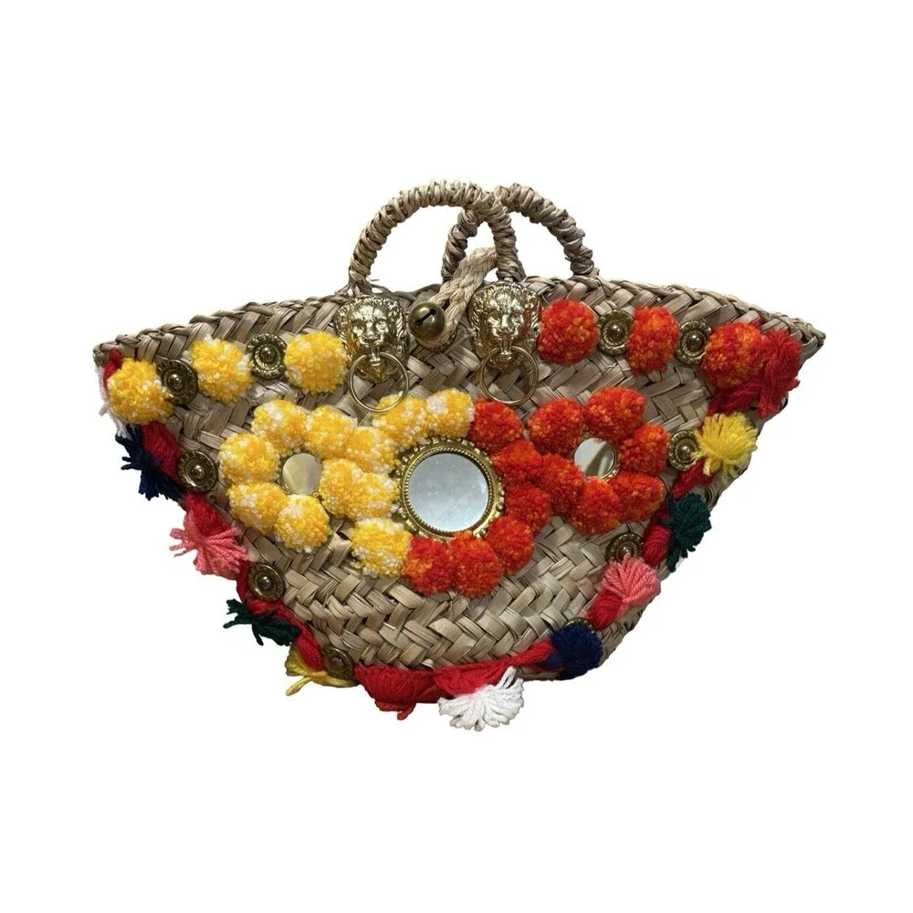Sicily Italian Lion Head Mirror Embellished Straw Tote Basket Bag Multicolor - Picture 2 of 8